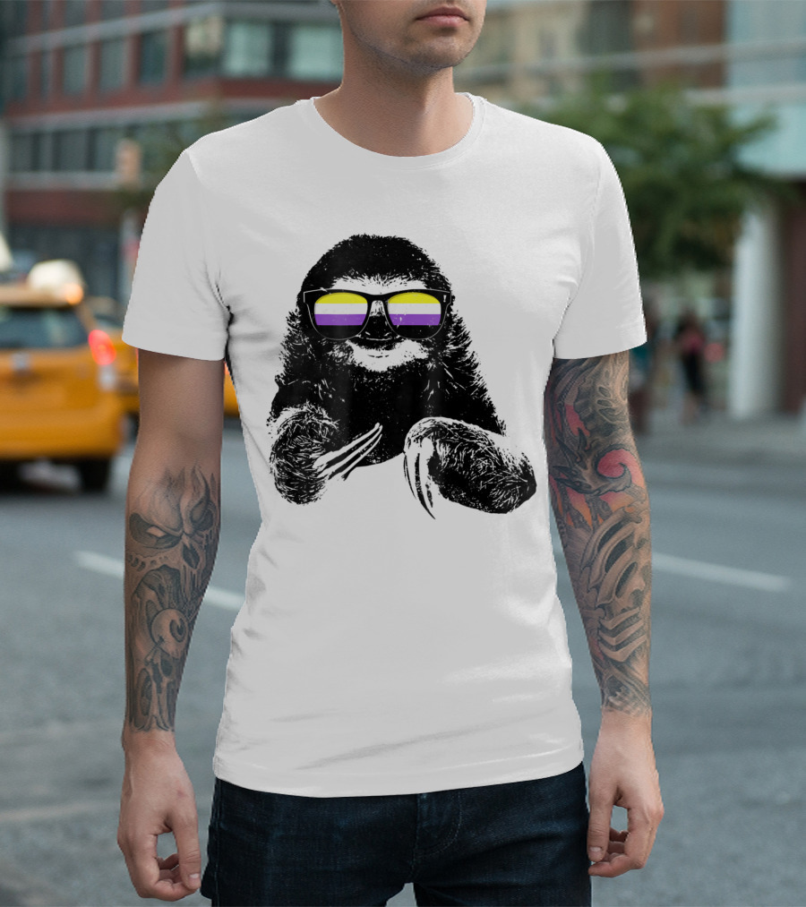 Pride Sloth with Nonbinary Flag Sunglasses T-Shirt
