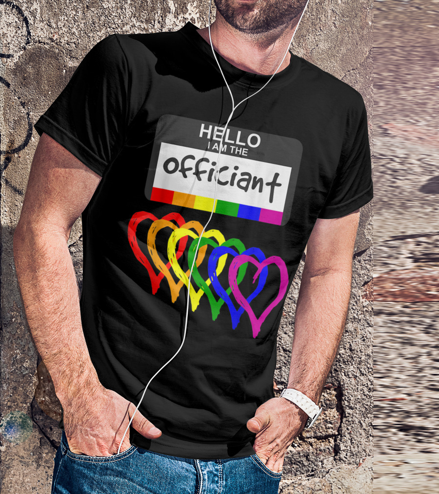 Rainbow Flag Hearts Wedding Party Hello I Am The Officiant Name Badge T-Shirt
