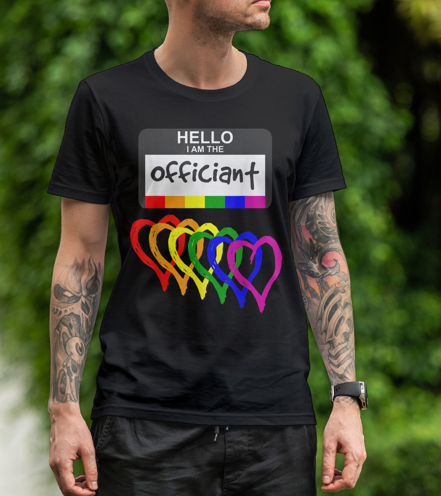 Rainbow Flag Hearts Wedding Party Hello I Am The Officiant Name Badge T-Shirt