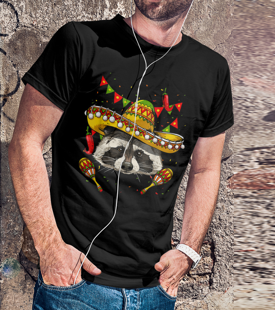 Cinco De Mayo Mexican Sombrero Raccoon With Maracas And Peppers T-Shirt