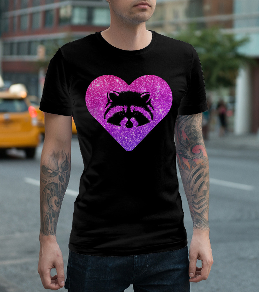 Cute Glitter Heart Raccoon For Girls Teens T-Shirt