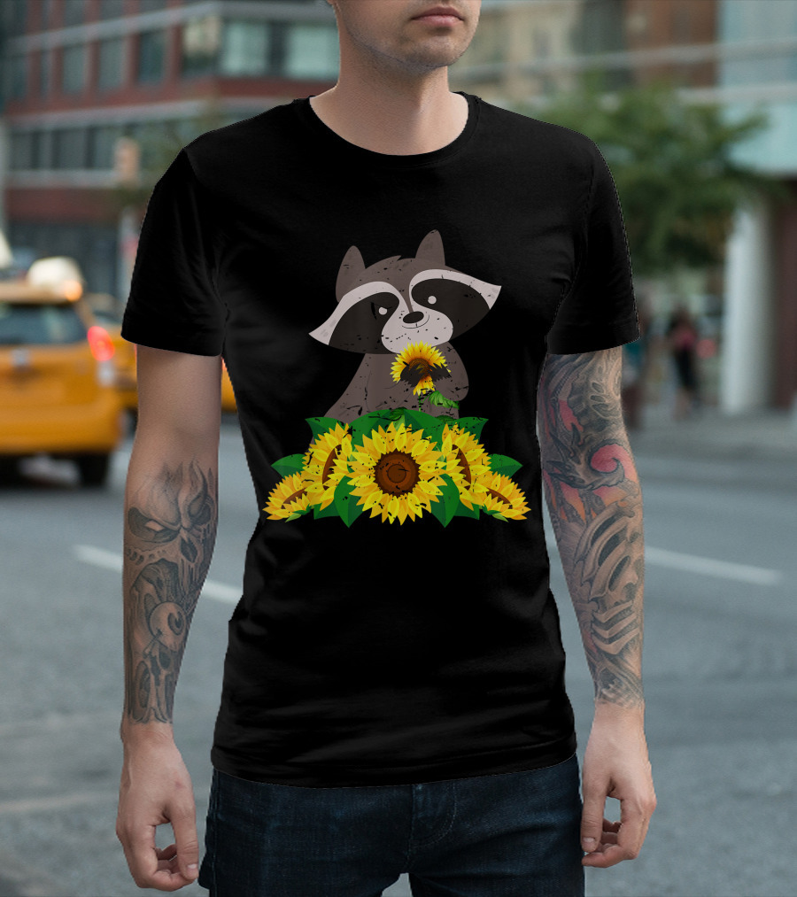 Cute Raccoon Holding Sunflowers Amazing Animal T-Shirt