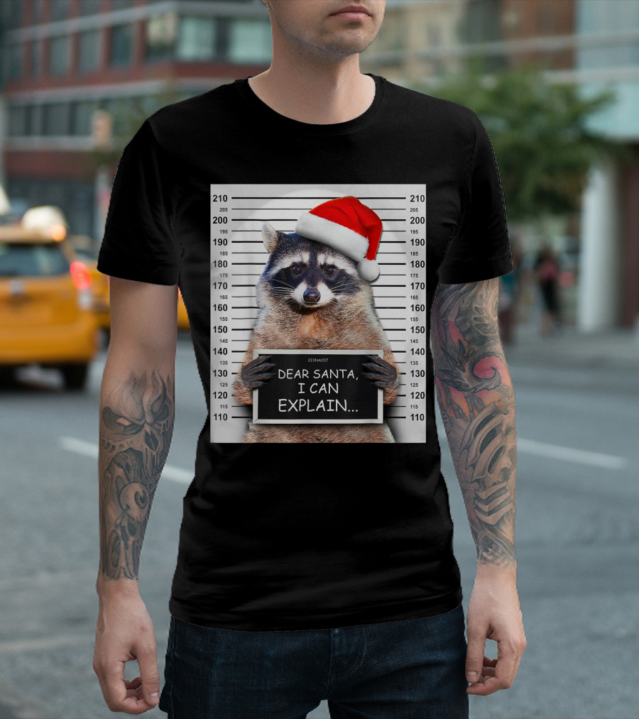 Dear Santa I Can Explain Christmas Raccoon Mugshot Santa Hat T-Shirt