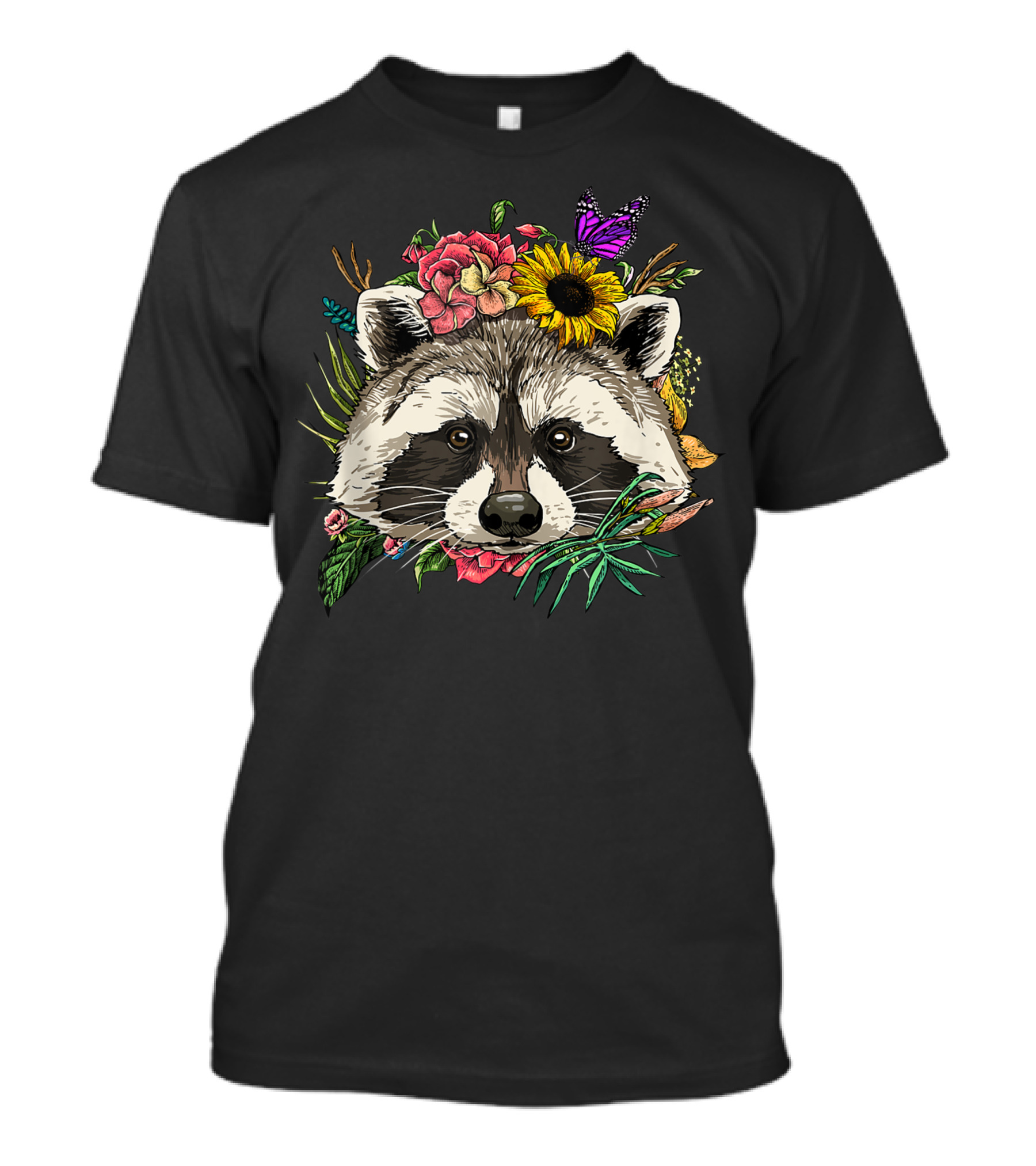 Floral Raccoon Spring Nature Lovers Women Men Sunflower Butterfly T-Shirt