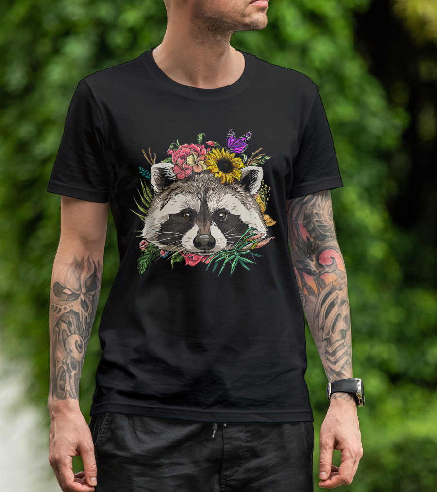 Floral Raccoon Spring Nature Lovers Women Men Sunflower Butterfly T-Shirt