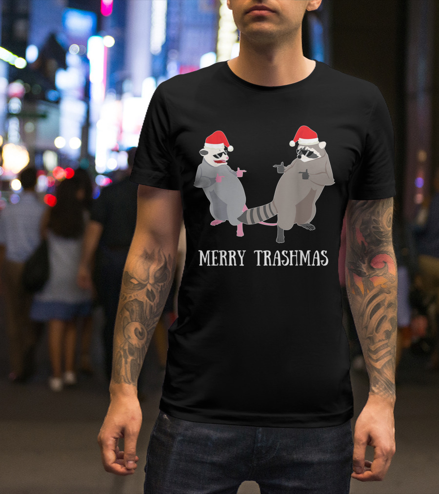 Merry Trashmas Garbage Gang Opossum And Raccoon Santa Claus T-Shirt