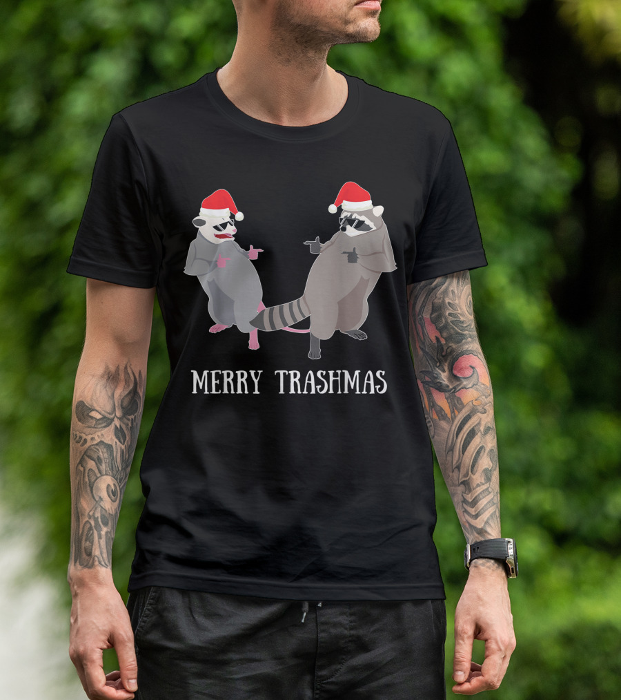 Merry Trashmas Garbage Gang Opossum And Raccoon Santa Claus T-Shirt