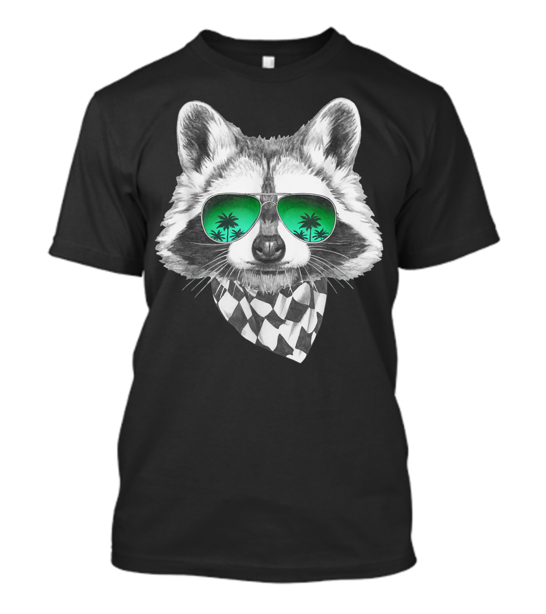 Raccoon With Mirror Sunglasses Palm Tree Reflection Black And White Checkered Scarf T-Shirt