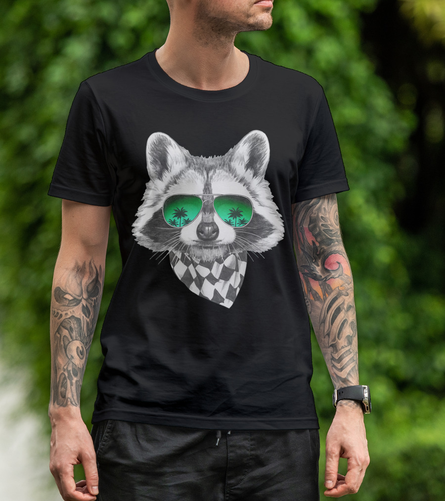 Raccoon With Mirror Sunglasses Palm Tree Reflection Black And White Checkered Scarf T-Shirt