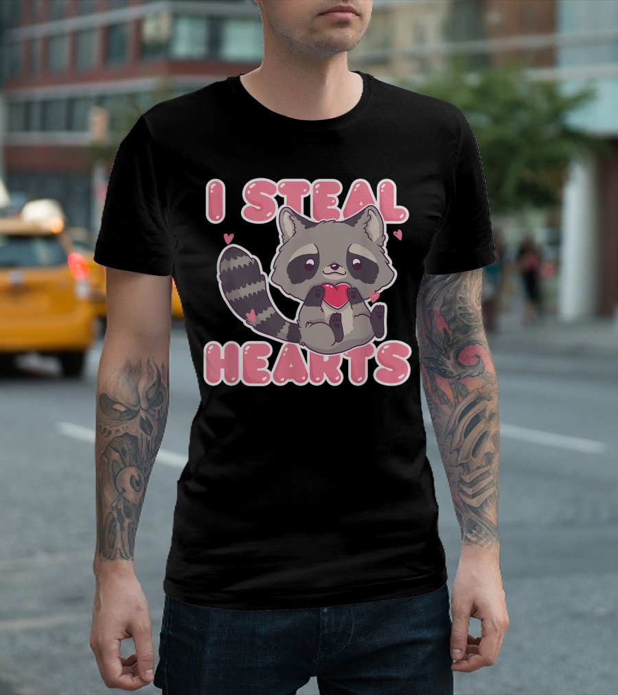 I Steal Hearts Cute Raccoon Holding Heart T-Shirt