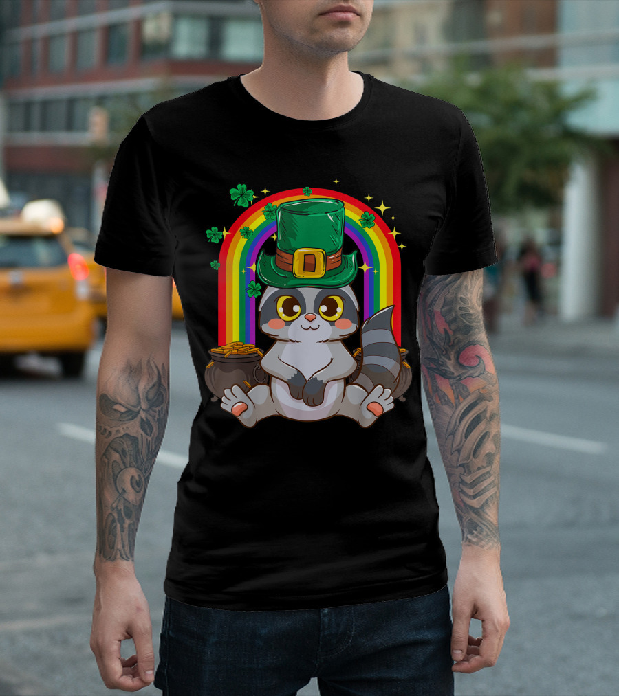 Irish Leprechaun Raccoon Rainbow Clover Pot of Gold T-Shirt