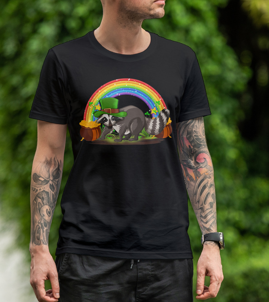 Irish Raccoon With Leprechaun Hat Under Rainbow And Pots Of Gold T-Shirt