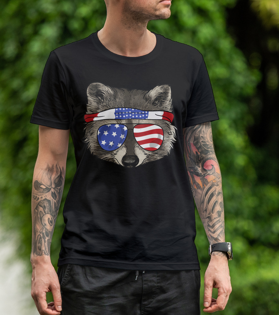 Patriotic Raccoon July 4th Trash Panda With American Flag Glasses And Headband T-Shirt