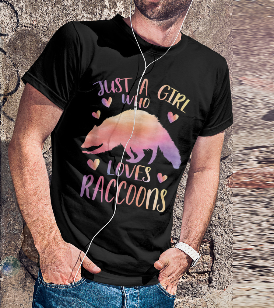 Just A Girl Who Loves Raccoons Colorful Watercolor Raccoon Hearts T-Shirt