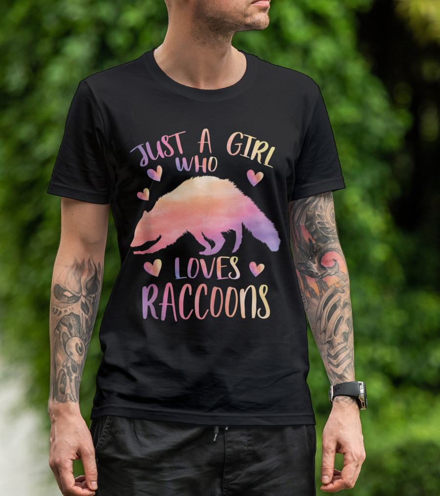 Just A Girl Who Loves Raccoons Colorful Watercolor Raccoon Hearts T-Shirt