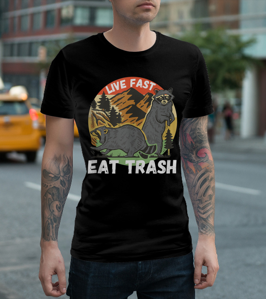 Live Fast Eat Trash Raccoon Vintage Camping Adventure Wild Mountains T-Shirt