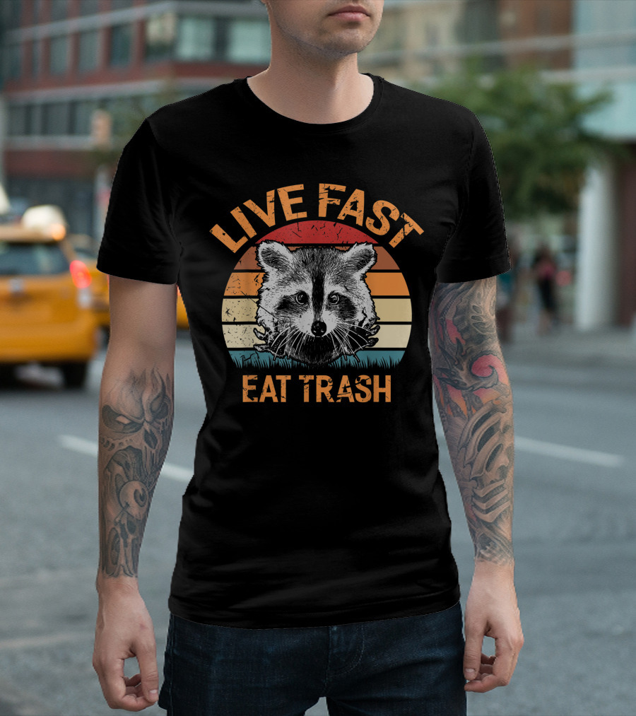 Live Fast Eat Trash Raccoon Retro Sunset Stripes T-Shirt