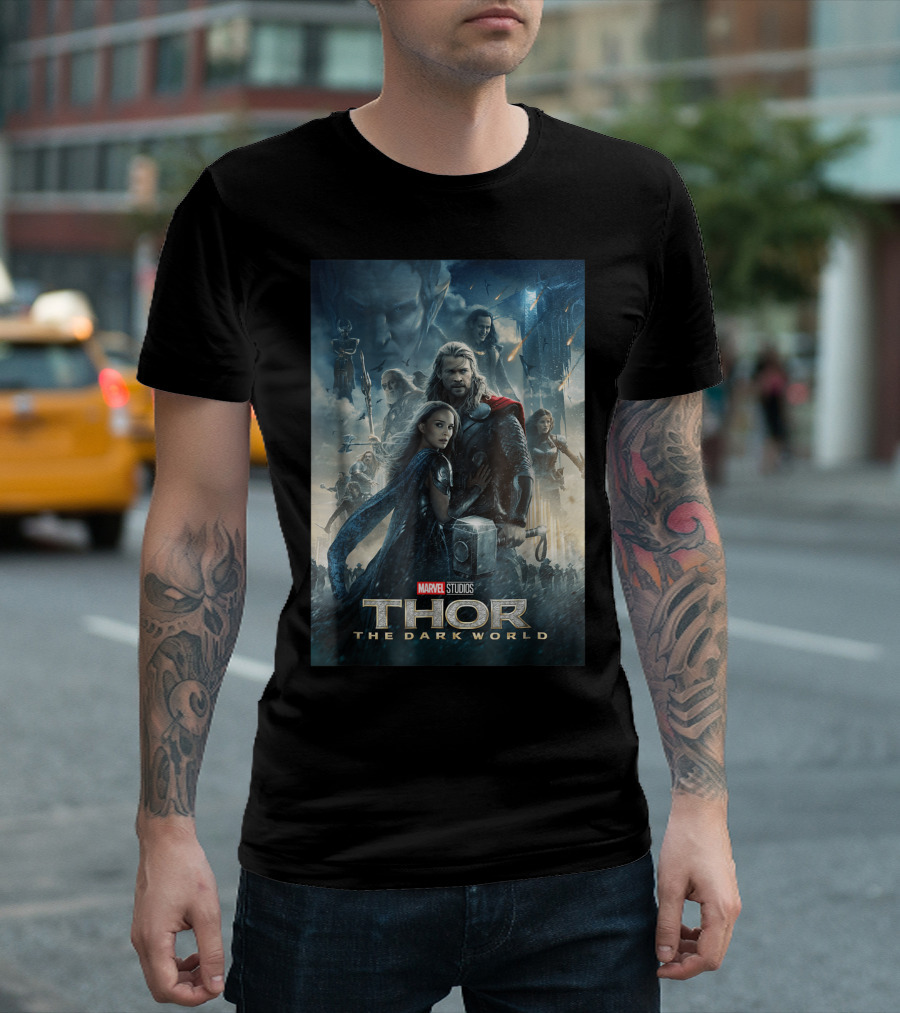 Marvel Studios Thor The Dark World Movie Poster Hammer and Characters T-Shirt