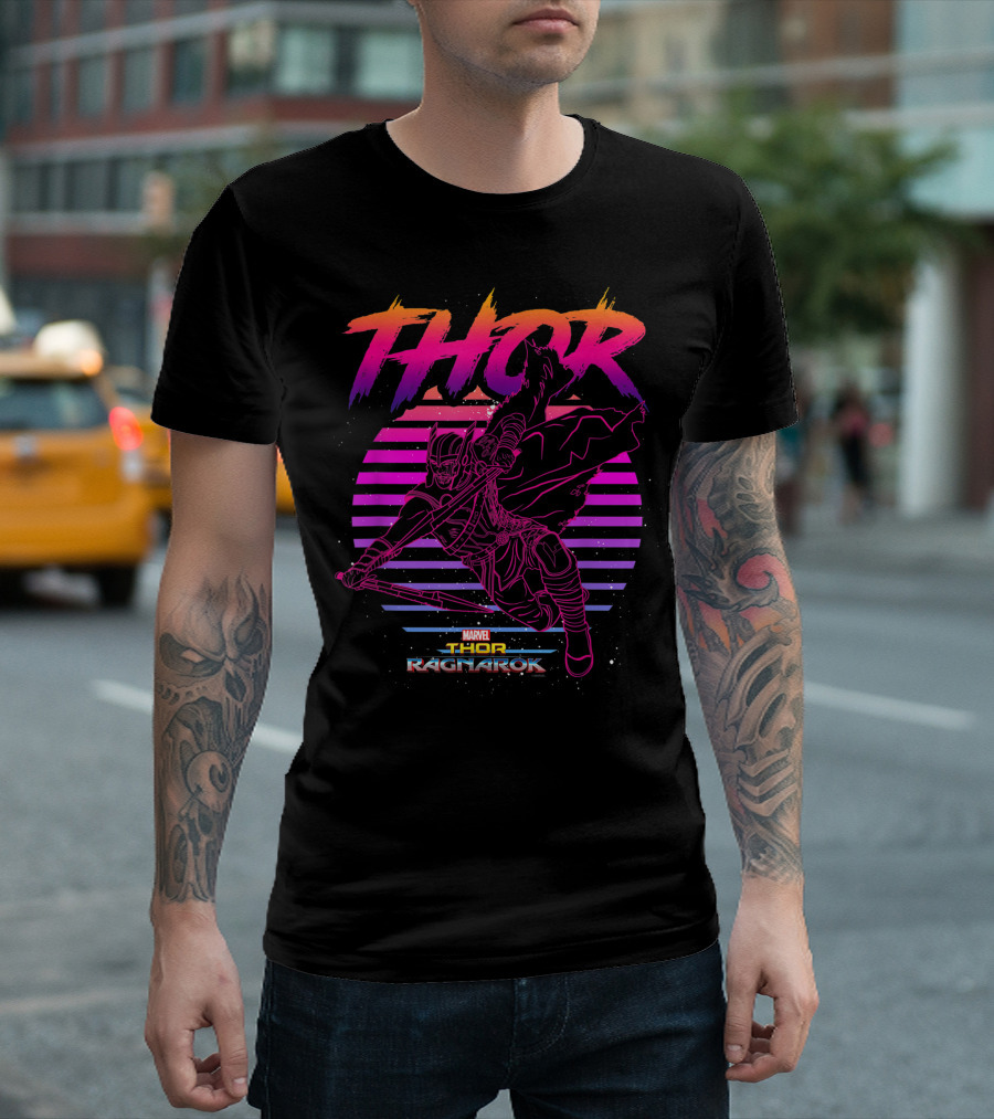 Marvel Thor Ragnarok 80S Sunset Halftone Hero T-Shirt