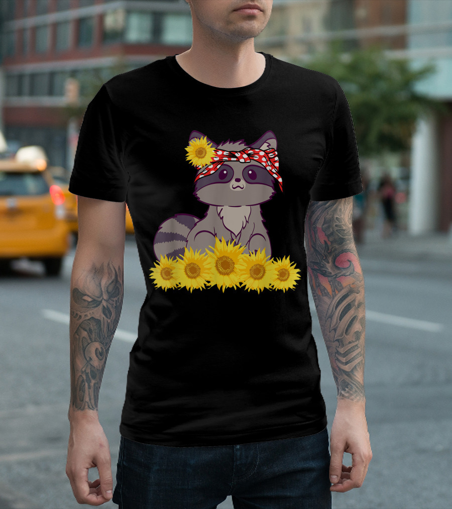 Raccoon With Red Bandana Surrounded By Sunflowers T-Shirt