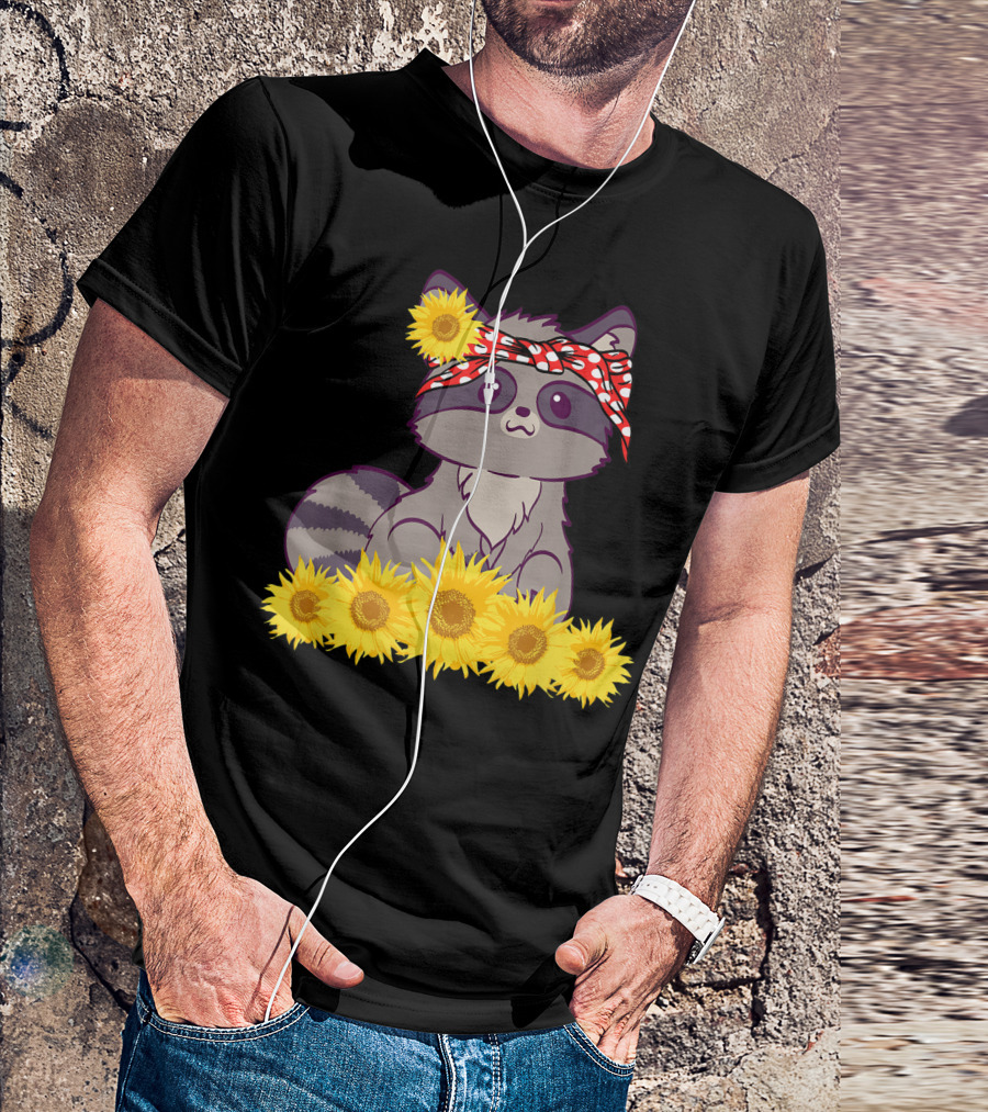 Raccoon With Red Bandana Surrounded By Sunflowers T-Shirt