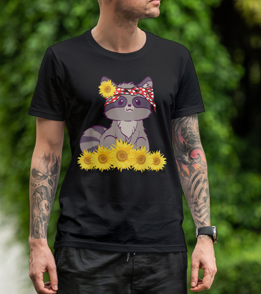 Raccoon With Red Bandana Surrounded By Sunflowers T-Shirt
