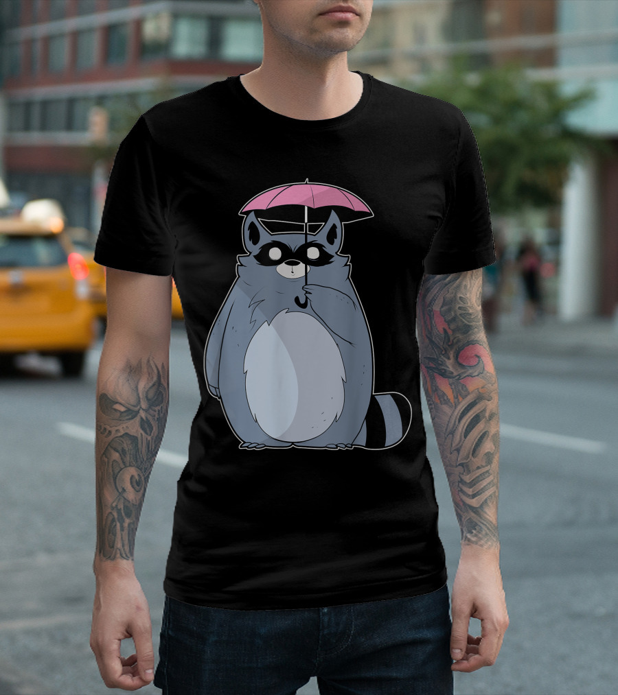 Raccoon Brand Forest Creature Cute Cartoon with Pink Umbrella T-Shirt