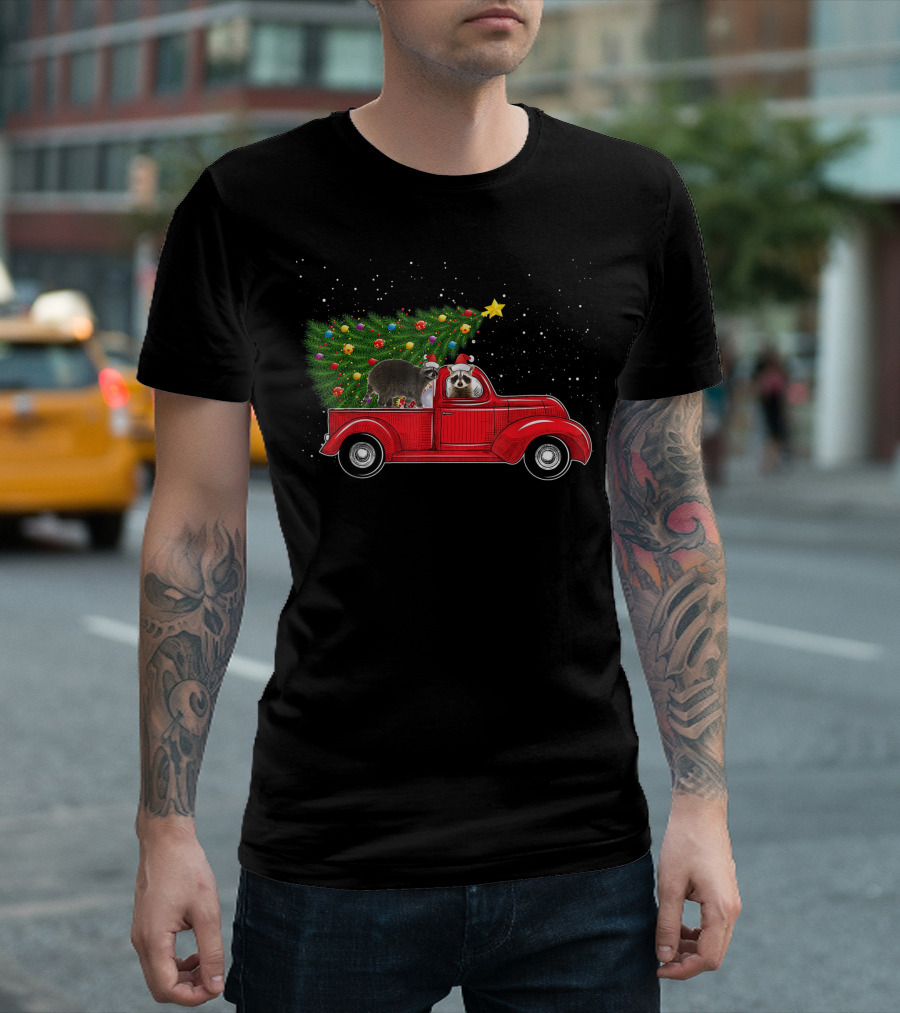 Raccoon Christmas On Red Car Truck with Xmas Tree and Star T-Shirt
