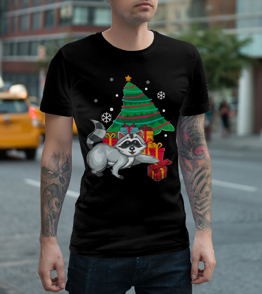 Raccoon Christmas Tree Gifts Snowflakes T-Shirt