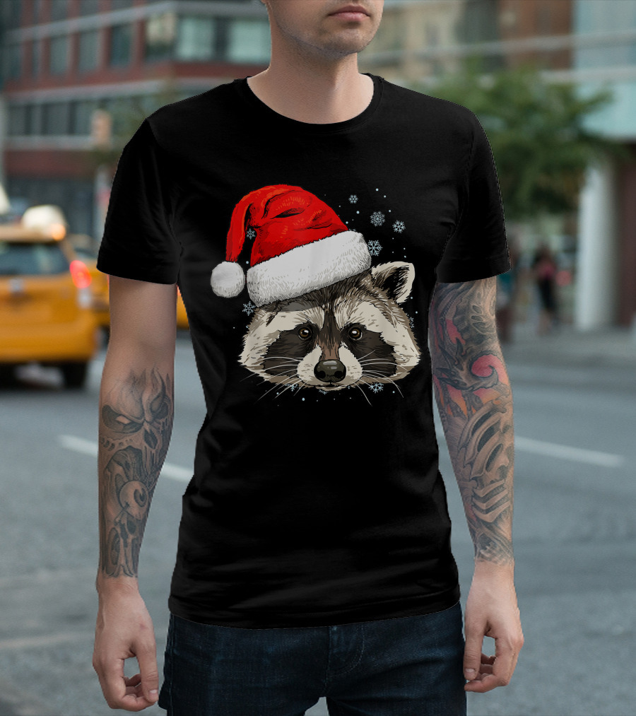 Raccoon with Santa Hat and Snowflakes T-Shirt
