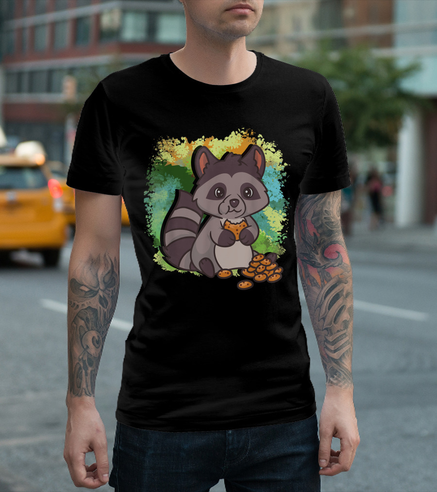 Raccoon Enjoying a Stack of Cookies T-Shirt