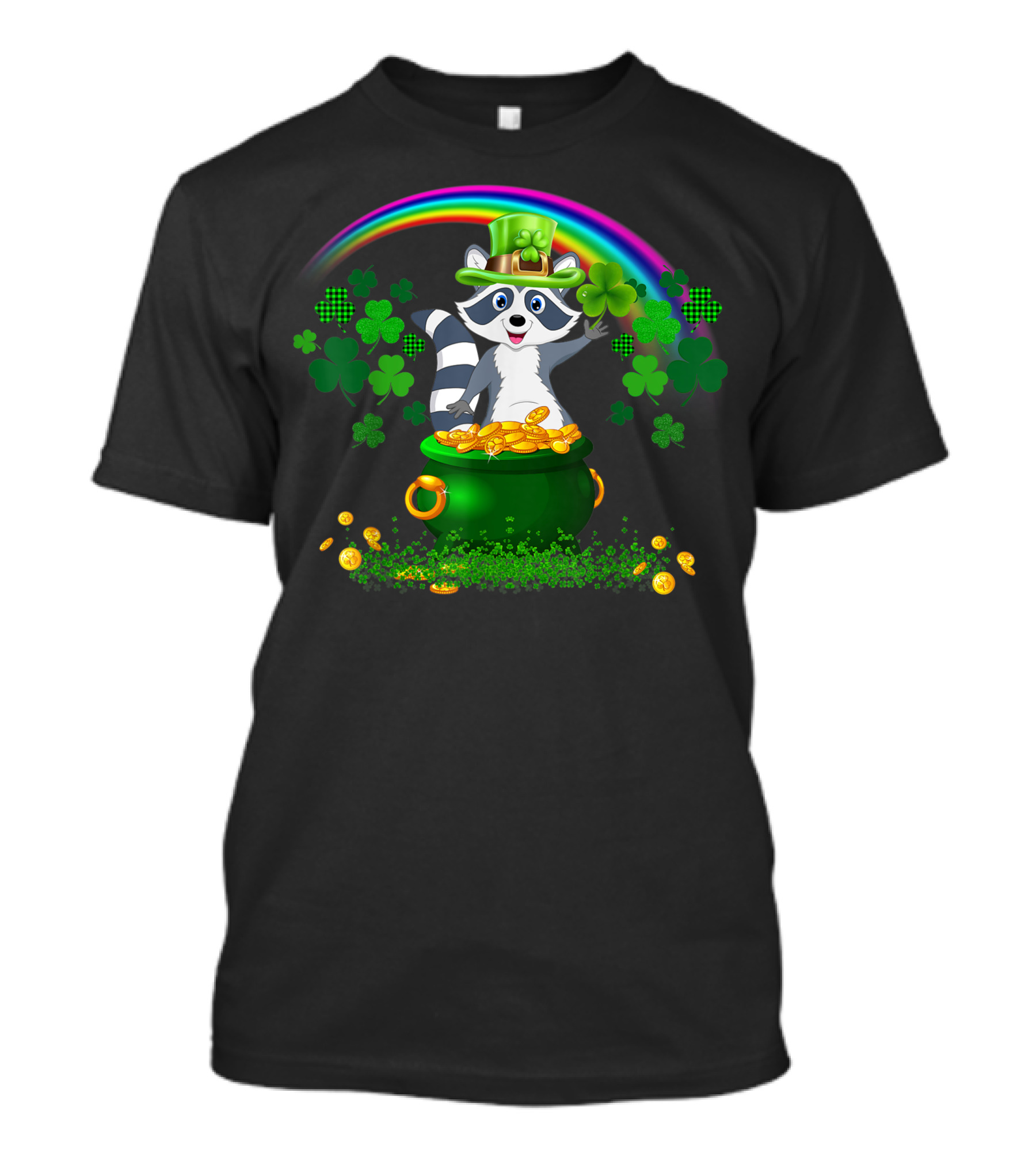 Raccoon With Shamrock Hat Holding Clover And Gold Coins By A Rainbow T-Shirt