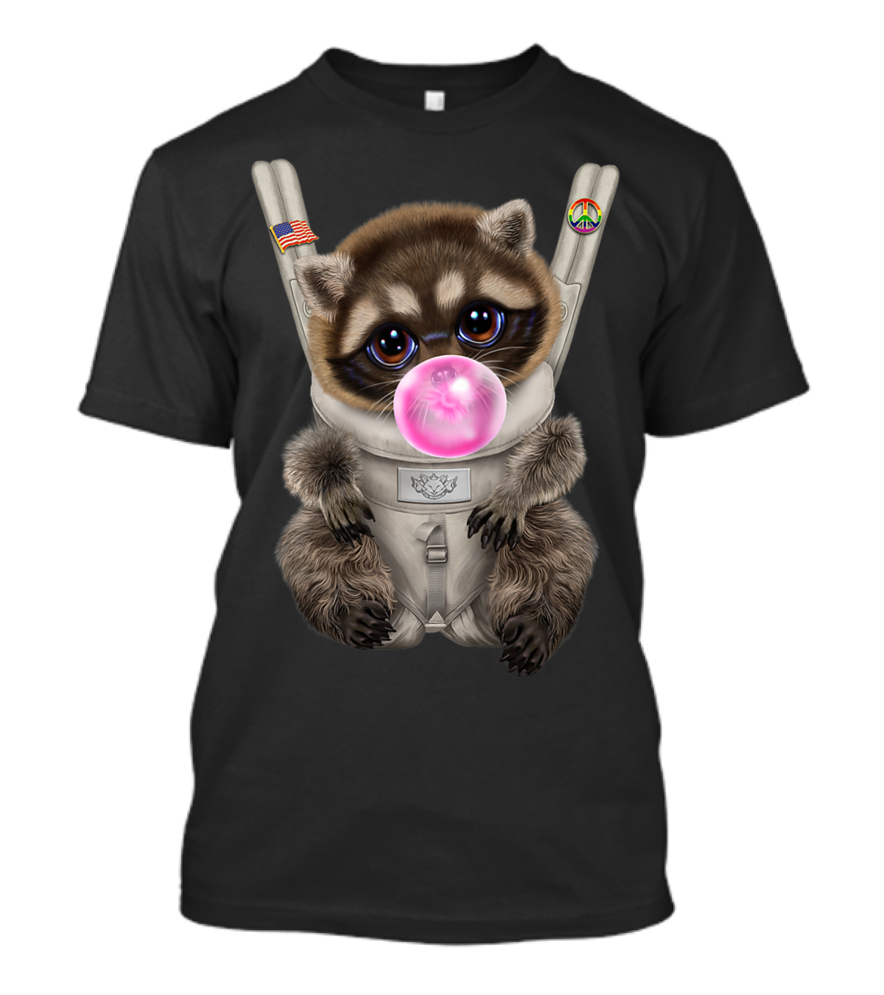 Raccoon In Baby Carrier With Bubble Gum Peace And Flag Badges R6 T-Shirt