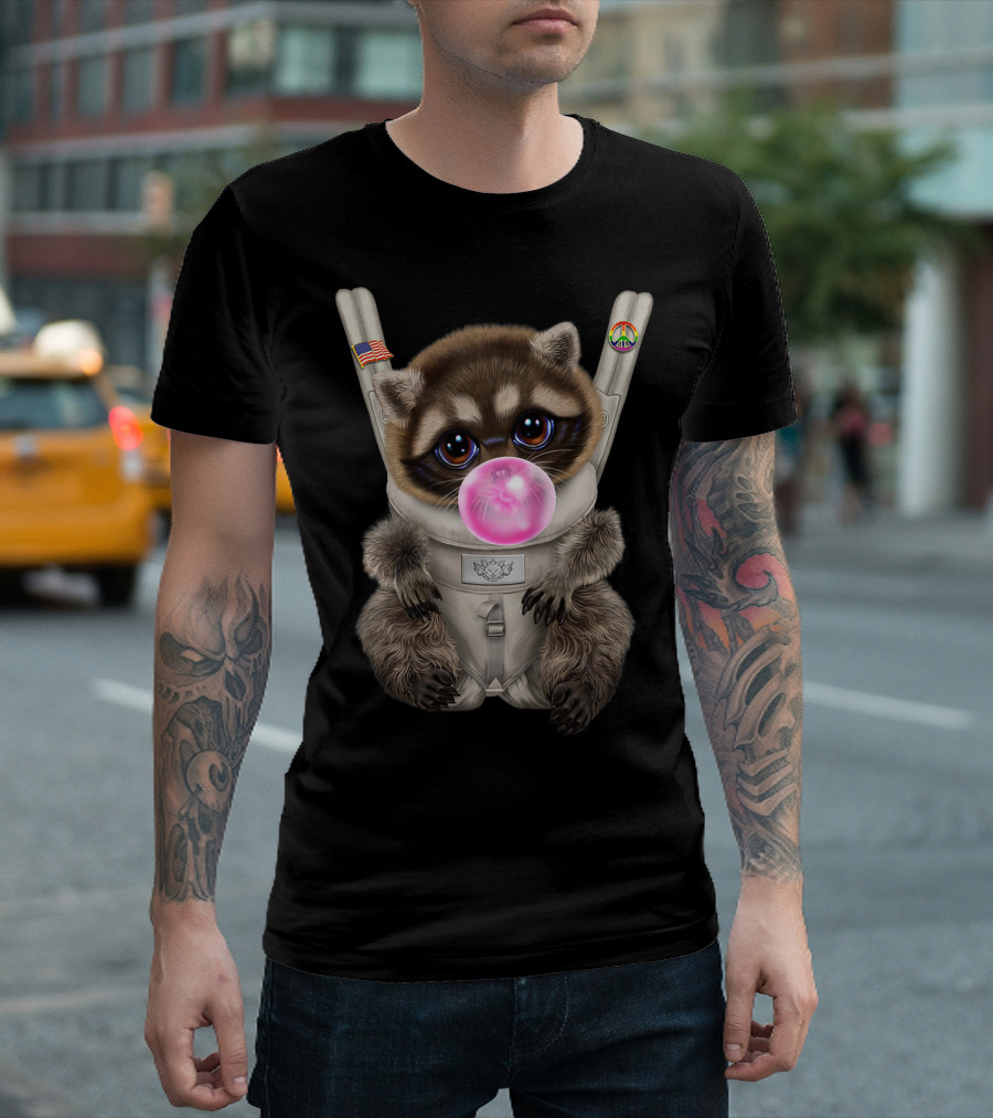Raccoon In Baby Carrier With Bubble Gum Peace And Flag Badges R6 T-Shirt