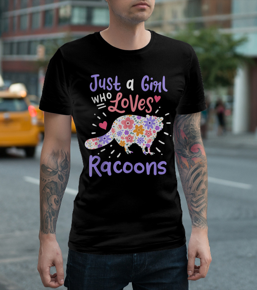 Just A Girl Who Loves Flower Pattern Raccoons T-Shirt
