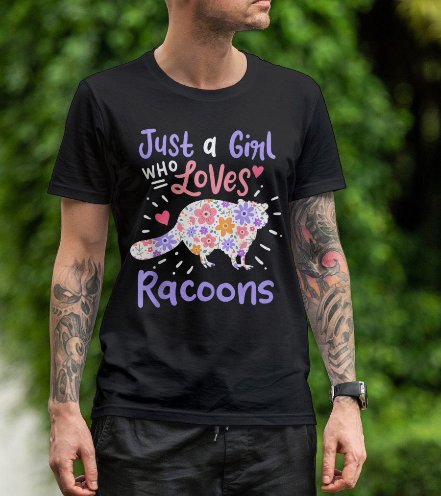 Just A Girl Who Loves Flower Pattern Raccoons T-Shirt