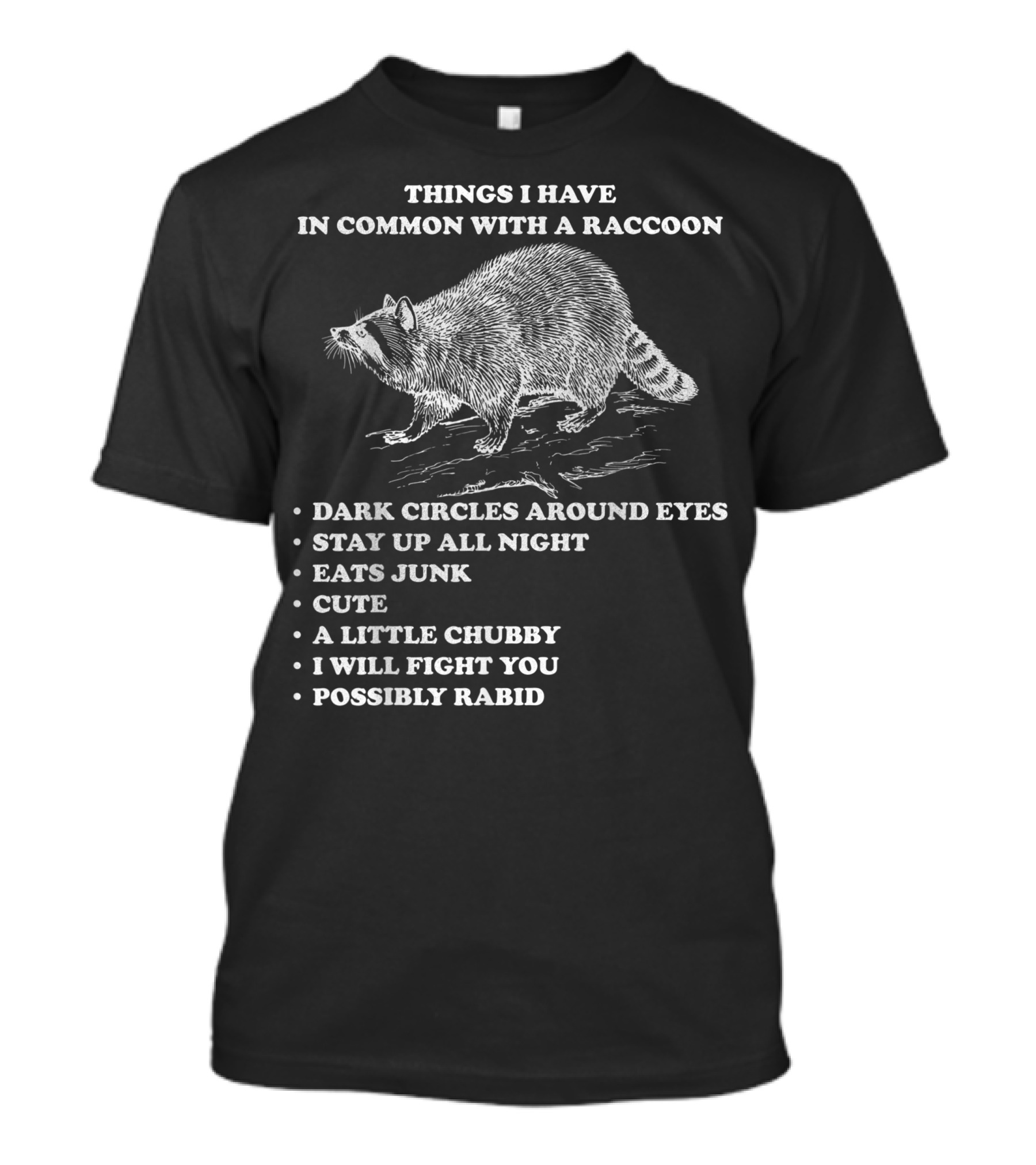 Things I Have In Common With A Raccoon Dark Circles Stay Up All Night Eats Junk Cute Chubby Fight You Possibly Rabid T-Shirt