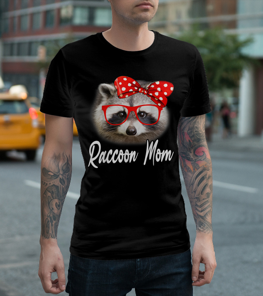 Raccoon Mom Red Glasses Polka Dot Bow Mama Raccoon Lover T-Shirt