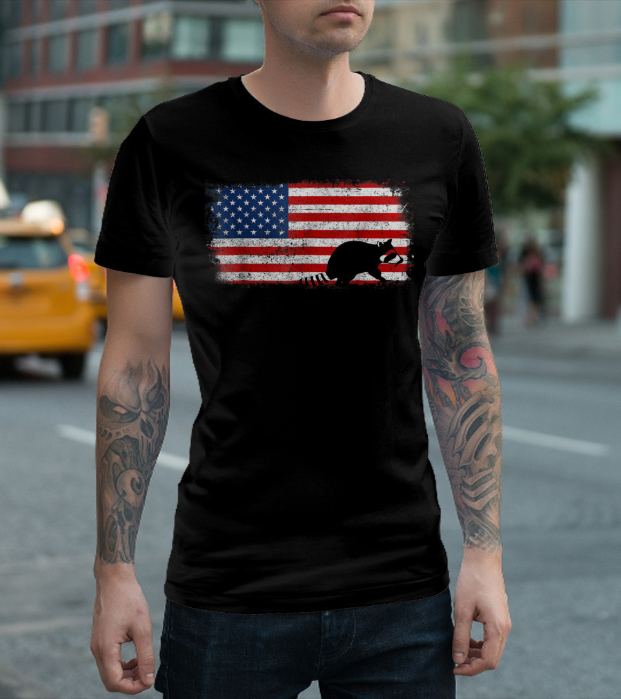 Raccoon Silhouette Against Grunge American Flag T-Shirt