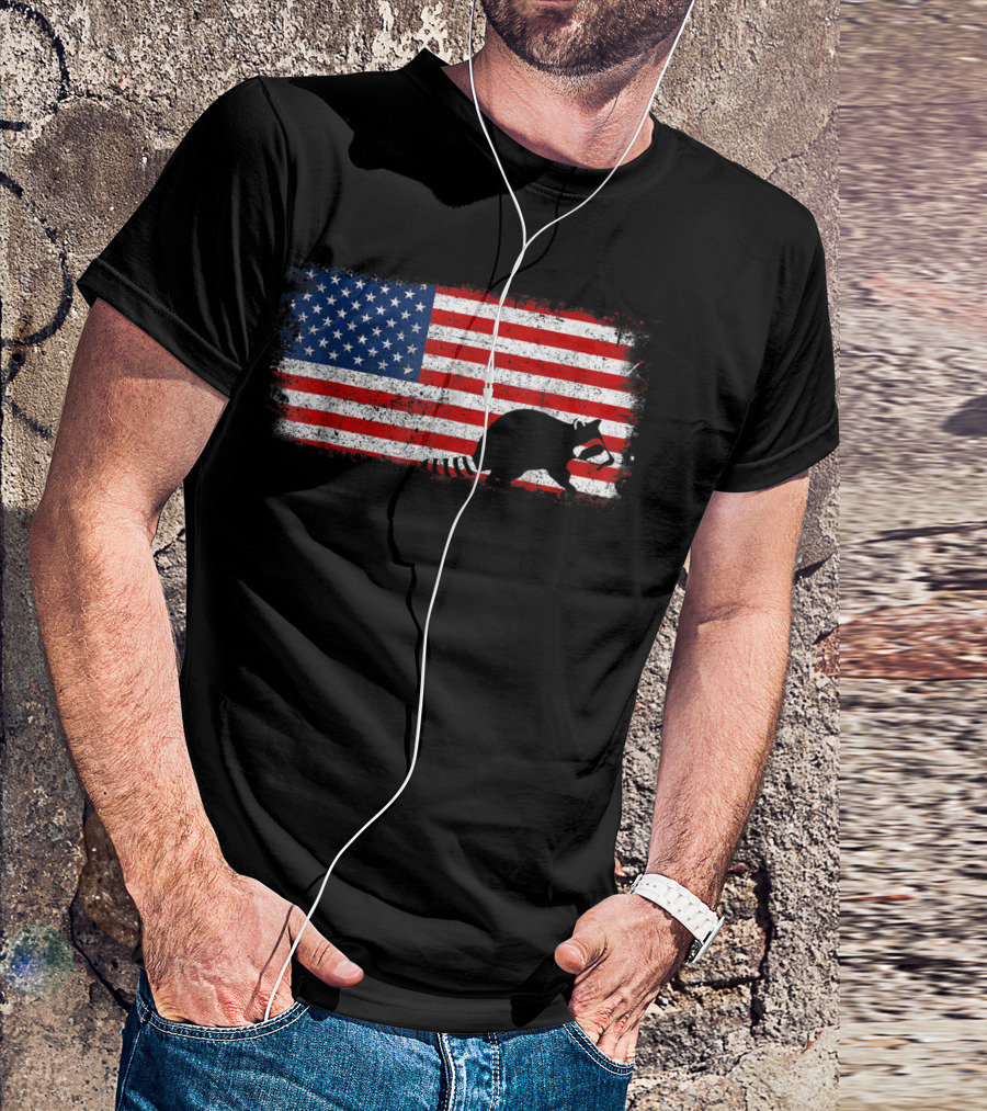 Raccoon Silhouette Against Grunge American Flag T-Shirt