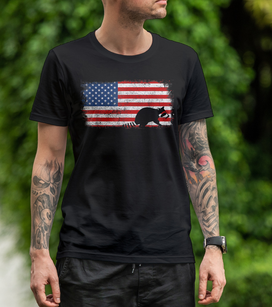 Raccoon Silhouette Against Grunge American Flag T-Shirt
