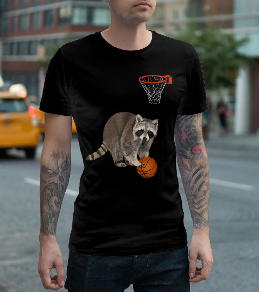 Raccoon Playing Basketball Animal Common Raccoon Sports Hoop T-Shirt