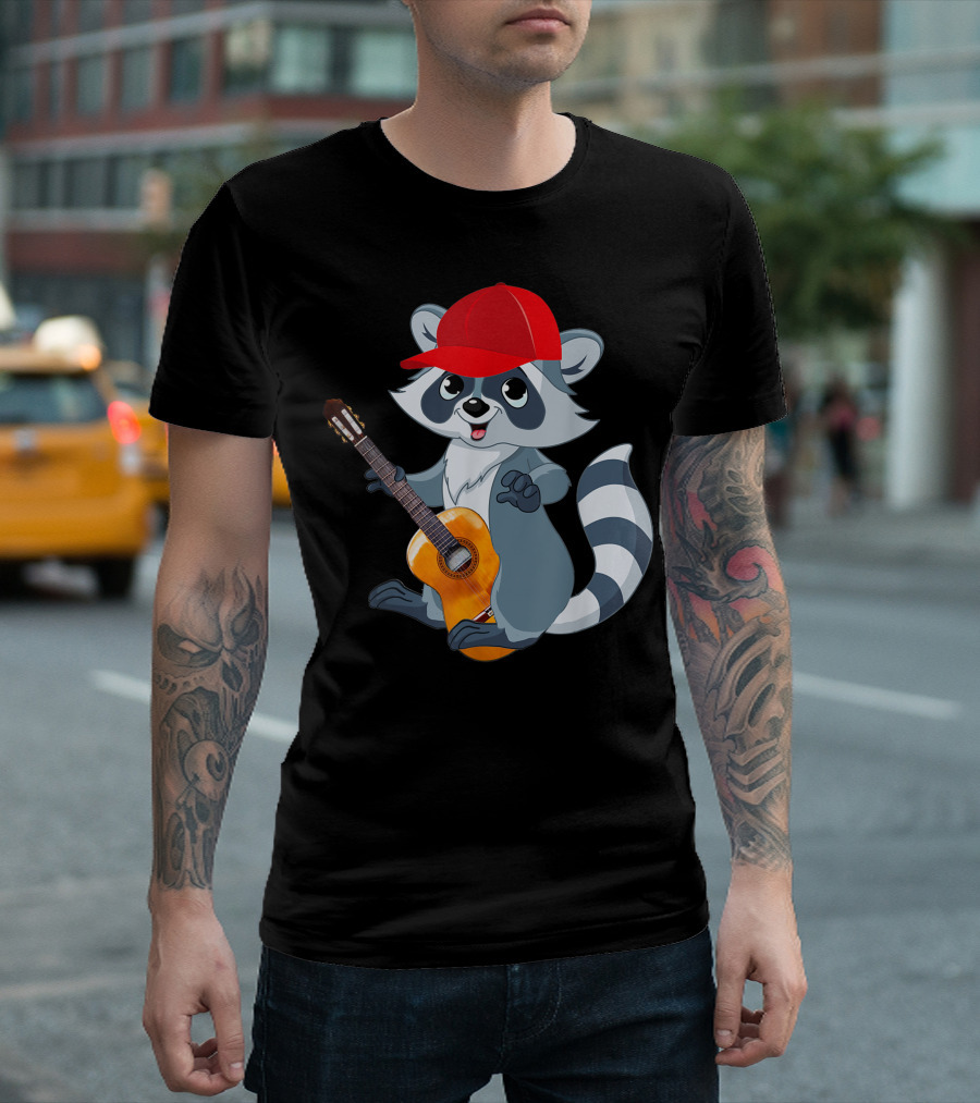 Raccoon Playing The Acoustic Guitar With Red Cap For Raccoon Lover Guitarist T-Shirt