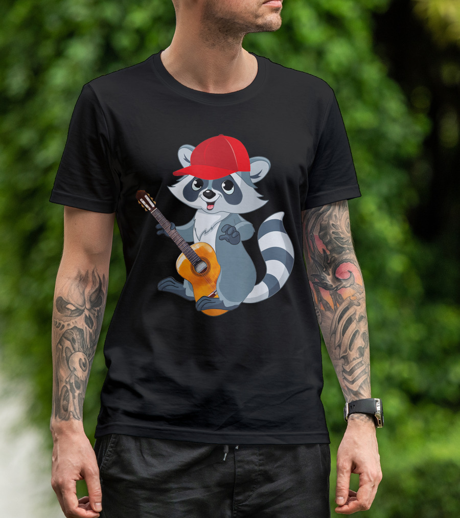 Raccoon Playing The Acoustic Guitar With Red Cap For Raccoon Lover Guitarist T-Shirt