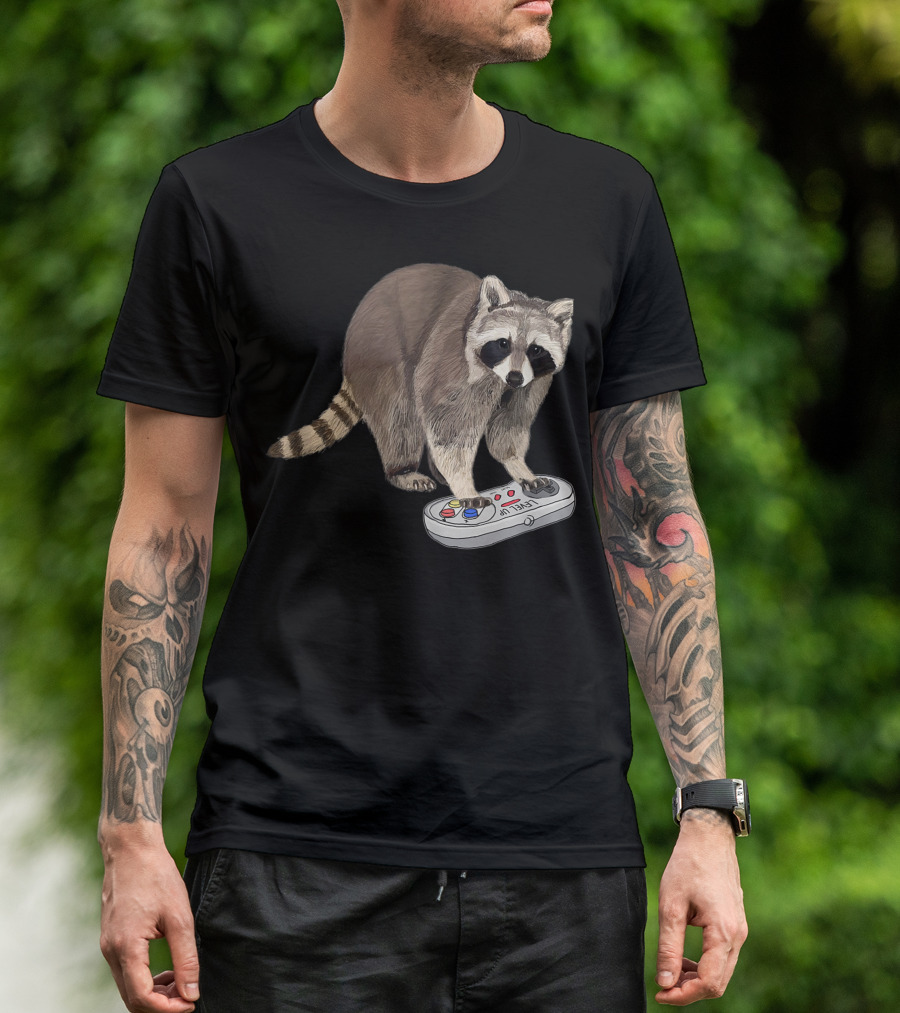 Raccoon Gamer Procyonidae Playing Game Controller Level Up T-Shirt