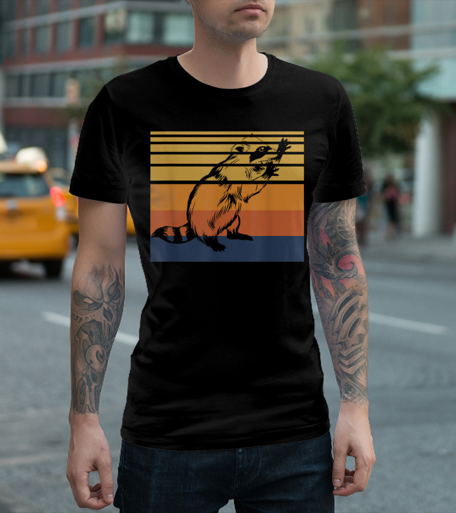 Raccoon Retro Stripes Vintage 60S 70S T-Shirt