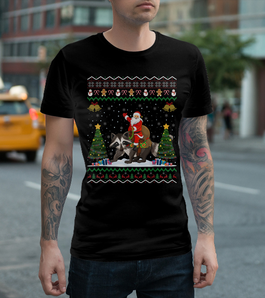 Raccoon Ugly Xmas Santa Riding Raccoon Snowflakes Trees Gingerbread Bells T-Shirt