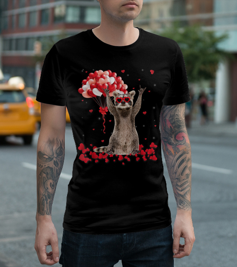 Raccoon Valentines Day Hearts Balloons Lover T-Shirt
