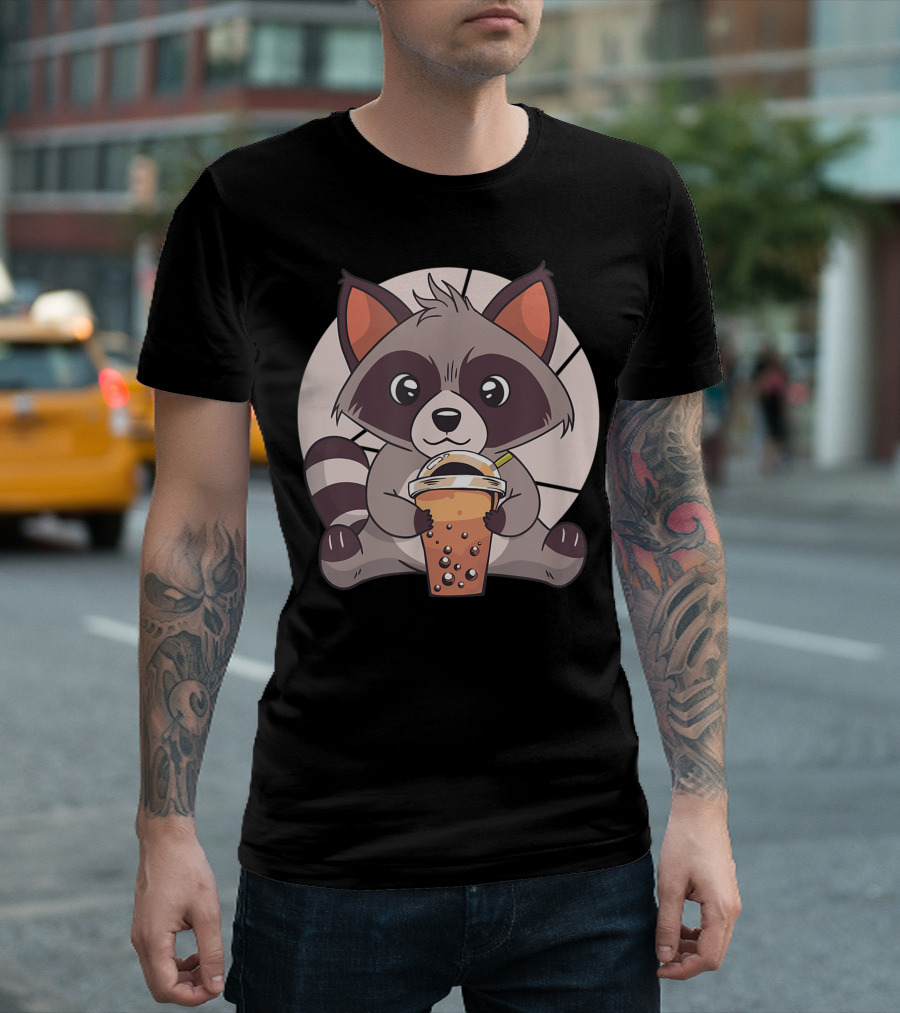 Raccoon Pearl Milk Tea Boba Bubble Tea Cute Character T-Shirt