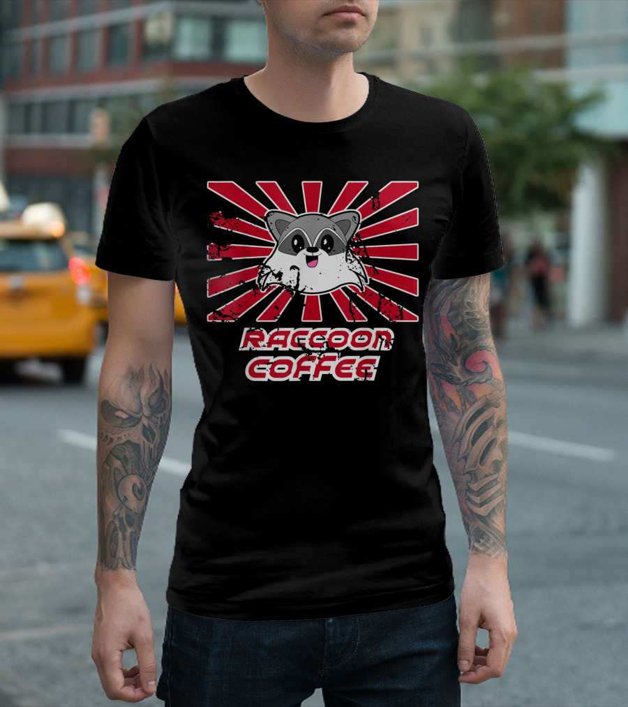 Retro Raccoon Coffee Vintage Sunburst Japan-Inspired T-Shirt